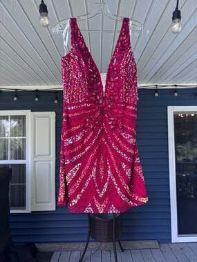 Jovani Plunging Neckline Beaded Sequin Short Dress